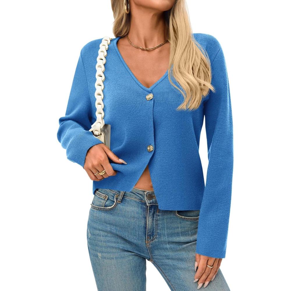 image:imageSaodimallsu Womens V Neck Cardigans Long Sleeve Button Down Cropped Knit Trendy Front Slit Dressy Casual Fall Sweater BlazersBlue