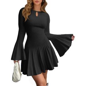 Saodimallsu Womens Long Bell Sleeve Mini Knit Dress Flowy A Line Pleated Bodycon Crew Neck Elegant Short Sweater Dresses(Black)