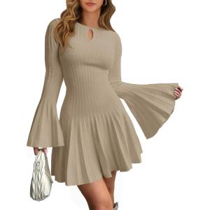 Saodimallsu Womens Long Bell Sleeve Mini Knit Dress Flowy A Line Pleated Bodycon Crew Neck Elegant Short Sweater Dresses(Khaki)