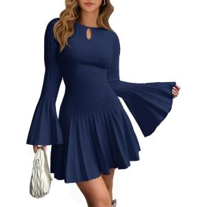 Saodimallsu Womens Long Bell Sleeve Mini Knit Dress Flowy A Line Pleated Bodycon Crew Neck Elegant Short Sweater Dresses(Navy Blue)