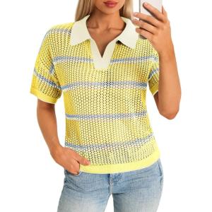 Saodimallsu Womens Short Sleeve Crochet Sweater Tops Striped Polo V Neck Collared Knit Shirts Summer Vacation Outfits(Apricot)