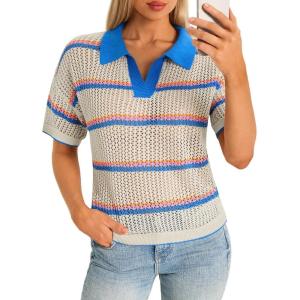 Saodimallsu Womens Short Sleeve Crochet Sweater Tops Striped Polo V Neck Collared Knit Shirts Summer Vacation Outfits(Blue)