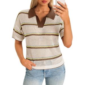 Saodimallsu Womens Short Sleeve Crochet Sweater Tops Striped Polo V Neck Collared Knit Shirts Summer Vacation Outfits(Coffee)