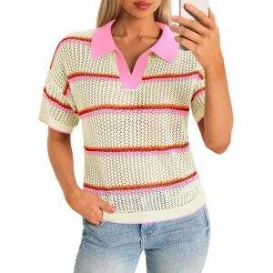 Saodimallsu Womens Short Sleeve Crochet Sweater Tops Striped Polo V Neck Collared Knit Shirts Summer Vacation Outfits(Pink)