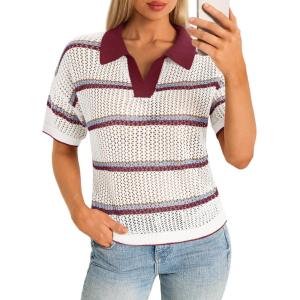 Saodimallsu Womens Short Sleeve Crochet Sweater Tops Striped Polo V Neck Collared Knit Shirts Summer Vacation Outfits(Wine Red)