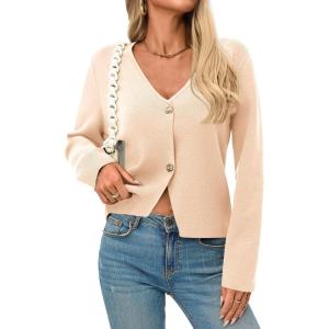 Saodimallsu Womens V Neck Cardigans Long Sleeve Button Down Cropped Knit Trendy Front Slit Dressy Casual Fall Sweater Blazers(Apricot)