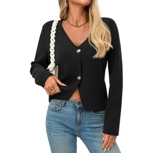 Saodimallsu Womens V Neck Cardigans Long Sleeve Button Down Cropped Knit Trendy Front Slit Dressy Casual Fall Sweater Blazers(Black)
