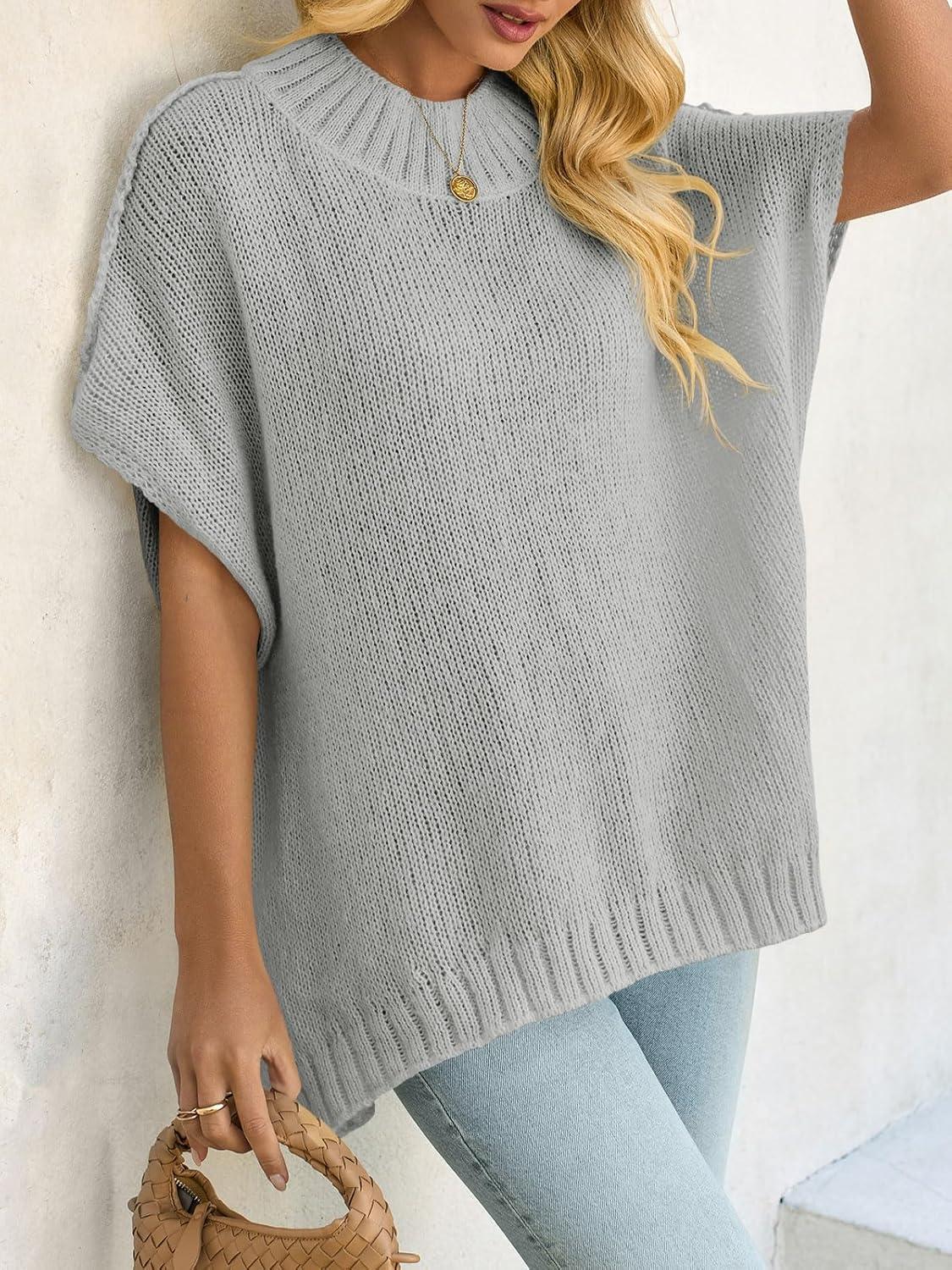 image:imageSaodimallsu Womens Oversized Sweater Tops Summer Lightweight Batwing Half Sleeve Casual Loose Knit Pullover ShirtsLight Grey