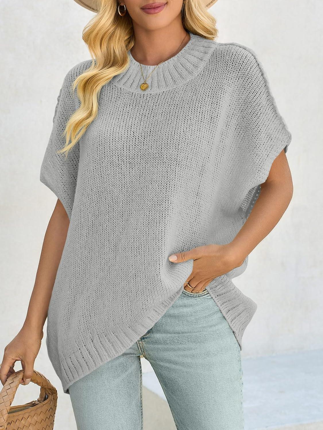 image:imageSaodimallsu Womens Oversized Sweater Tops Summer Lightweight Batwing Half Sleeve Casual Loose Knit Pullover ShirtsLight Grey