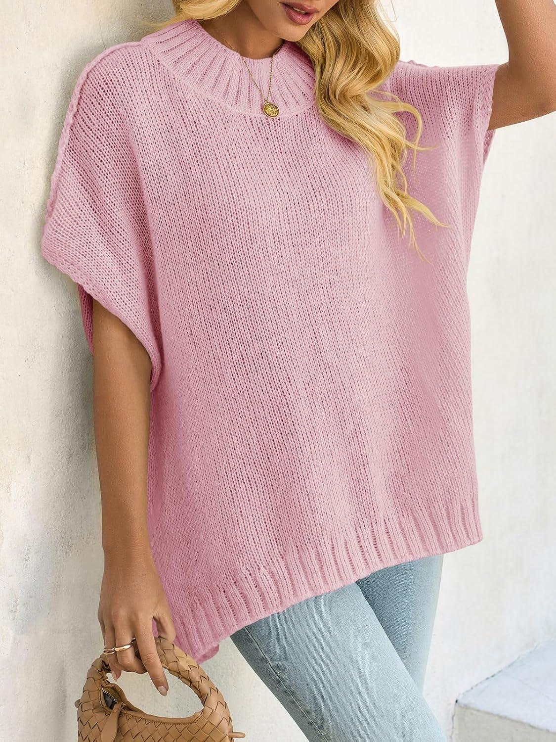image:imageSaodimallsu Womens Oversized Sweater Tops Summer Lightweight Batwing Half Sleeve Casual Loose Knit Pullover ShirtsPink