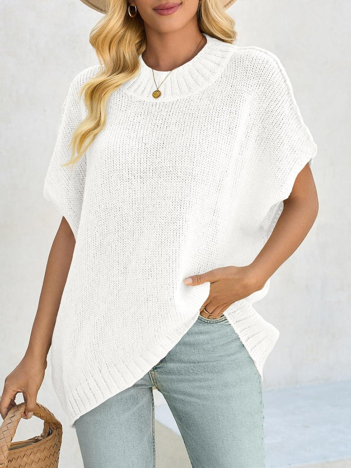 image:imageSaodimallsu Womens Oversized Sweater Tops Summer Lightweight Batwing Half Sleeve Casual Loose Knit Pullover ShirtsWhite