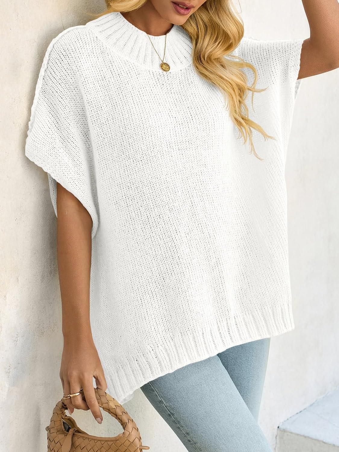 image:imageSaodimallsu Womens Oversized Sweater Tops Summer Lightweight Batwing Half Sleeve Casual Loose Knit Pullover ShirtsWhite