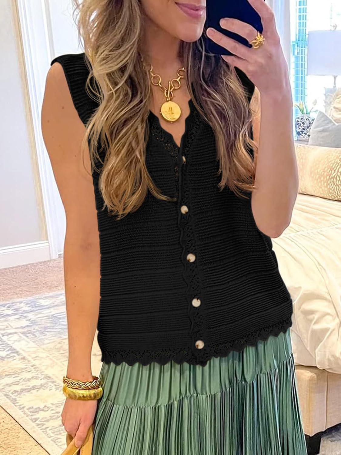 image:imageSaodimallsu Womens Sleeveless Sweater Vest V Neck Button Down Casual Loose Knit Summer Trendy Tank TopsBlack