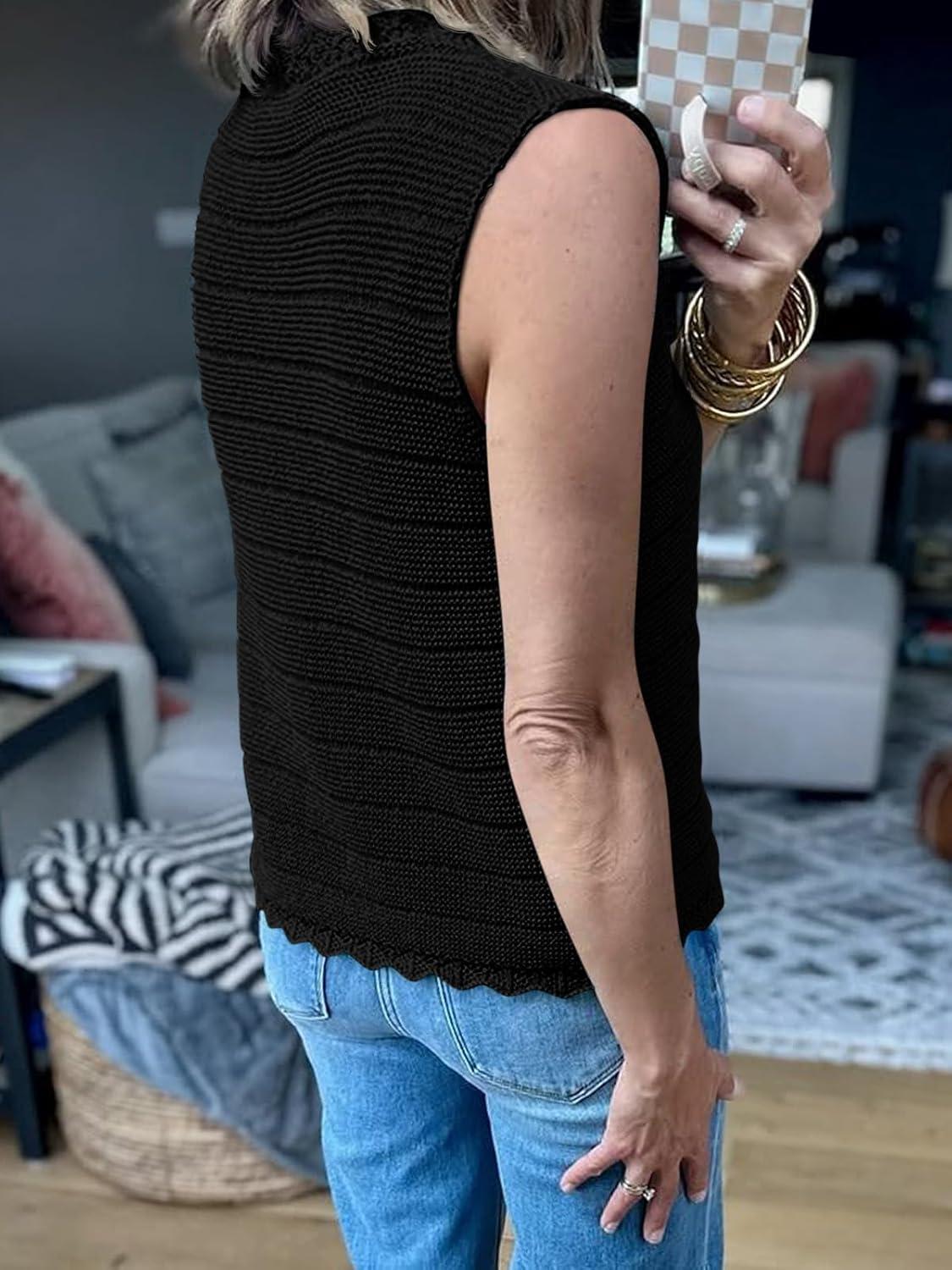 image:imageSaodimallsu Womens Sleeveless Sweater Vest V Neck Button Down Casual Loose Knit Summer Trendy Tank TopsBlack