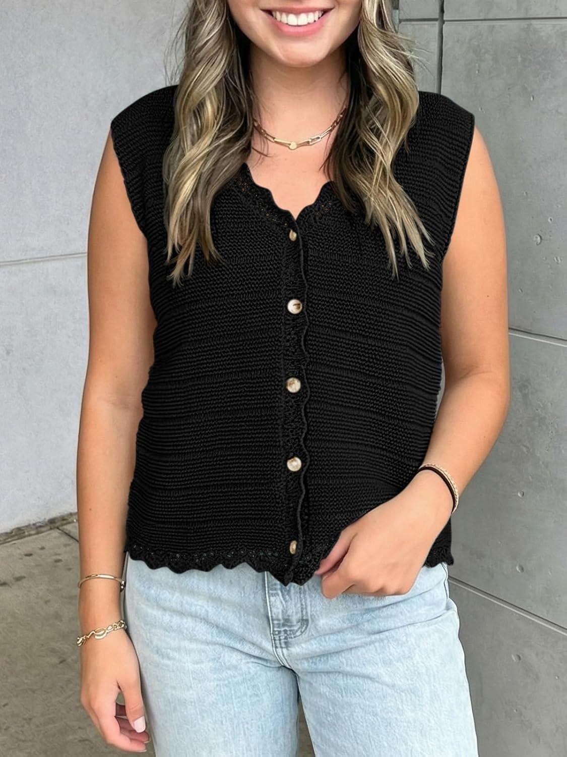 image:imageSaodimallsu Womens Sleeveless Sweater Vest V Neck Button Down Casual Loose Knit Summer Trendy Tank TopsBlack