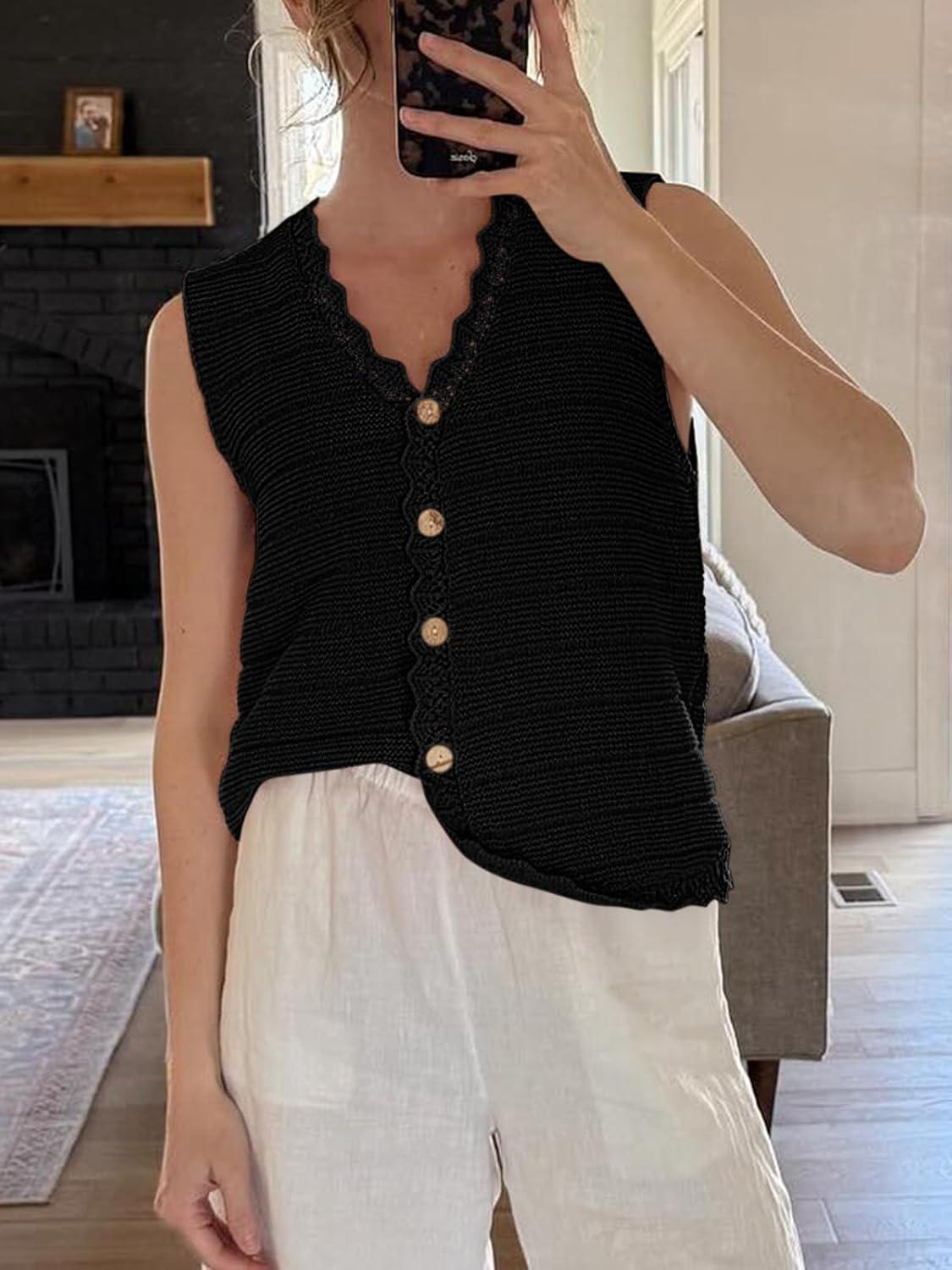image:imageSaodimallsu Womens Sleeveless Sweater Vest V Neck Button Down Casual Loose Knit Summer Trendy Tank TopsBlack