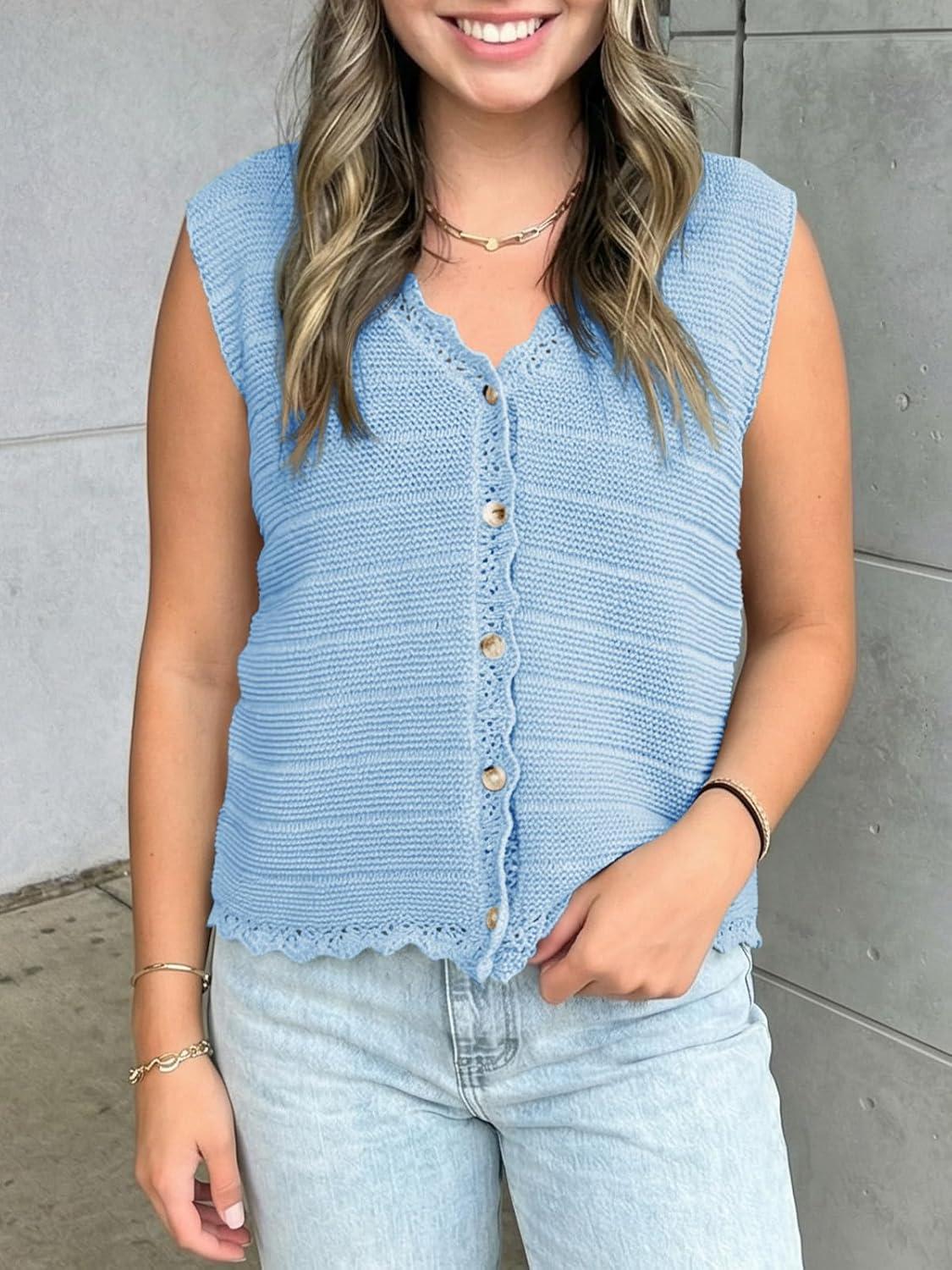 image:imageSaodimallsu Womens Sleeveless Sweater Vest V Neck Button Down Casual Loose Knit Summer Trendy Tank TopsBlue