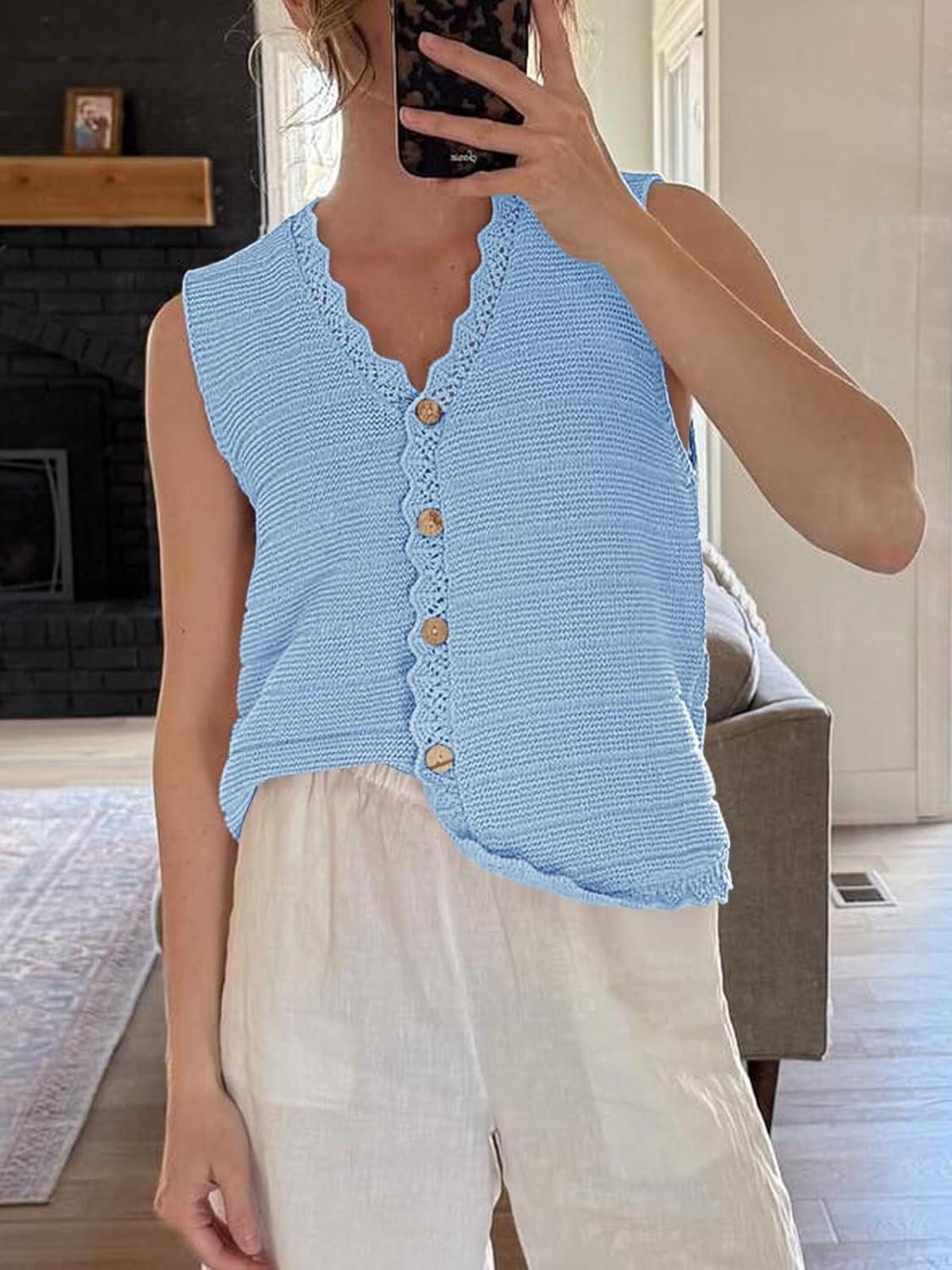image:imageSaodimallsu Womens Sleeveless Sweater Vest V Neck Button Down Casual Loose Knit Summer Trendy Tank TopsBlue