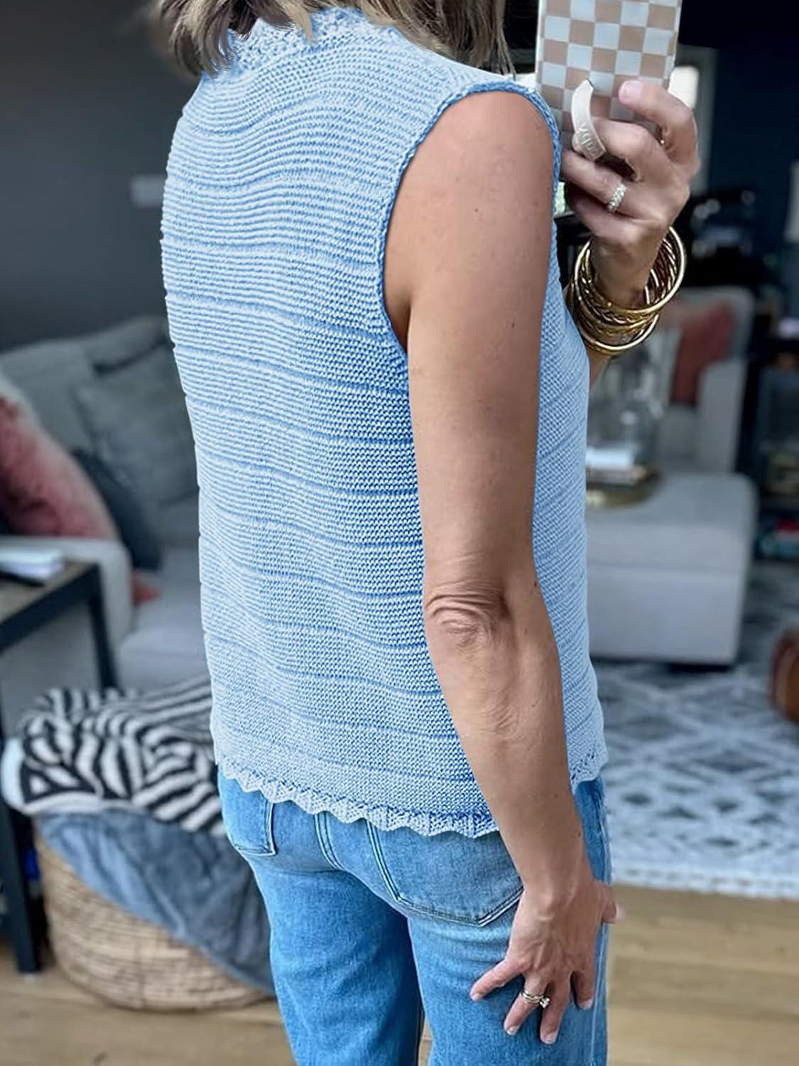 image:imageSaodimallsu Womens Sleeveless Sweater Vest V Neck Button Down Casual Loose Knit Summer Trendy Tank TopsBlue