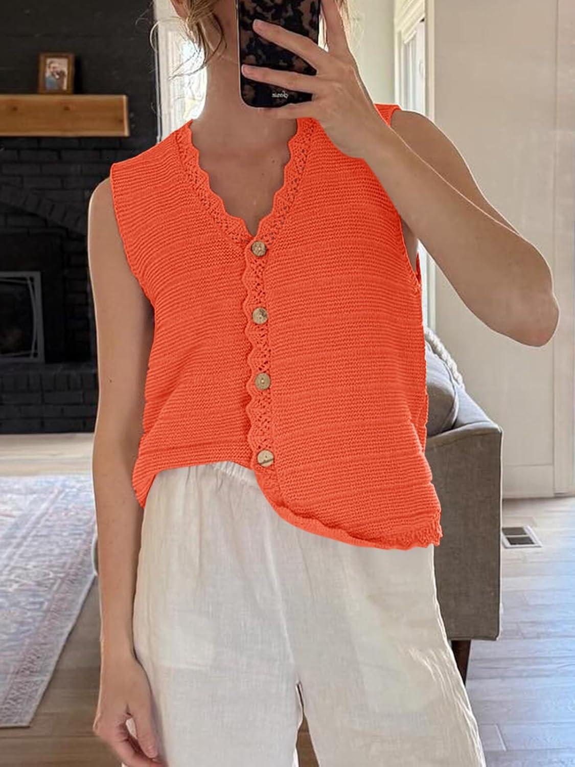 image:imageSaodimallsu Womens Sleeveless Sweater Vest V Neck Button Down Casual Loose Knit Summer Trendy Tank TopsOrange