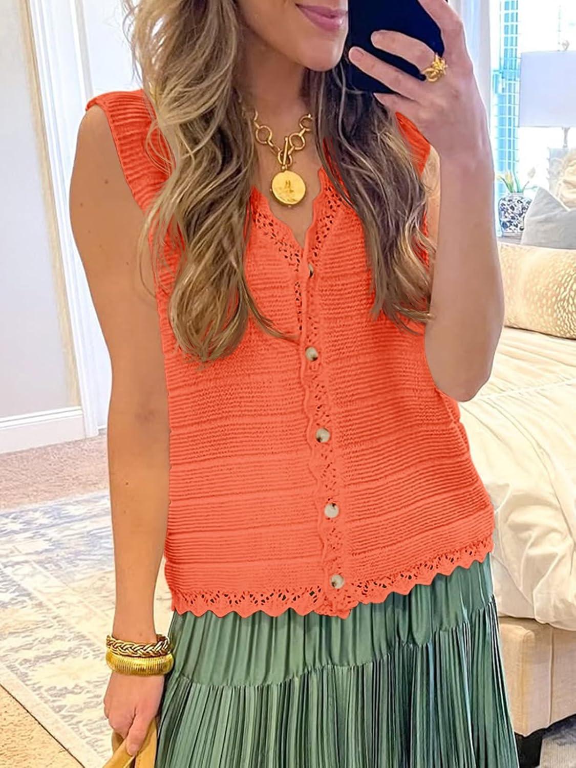 image:imageSaodimallsu Womens Sleeveless Sweater Vest V Neck Button Down Casual Loose Knit Summer Trendy Tank TopsOrange