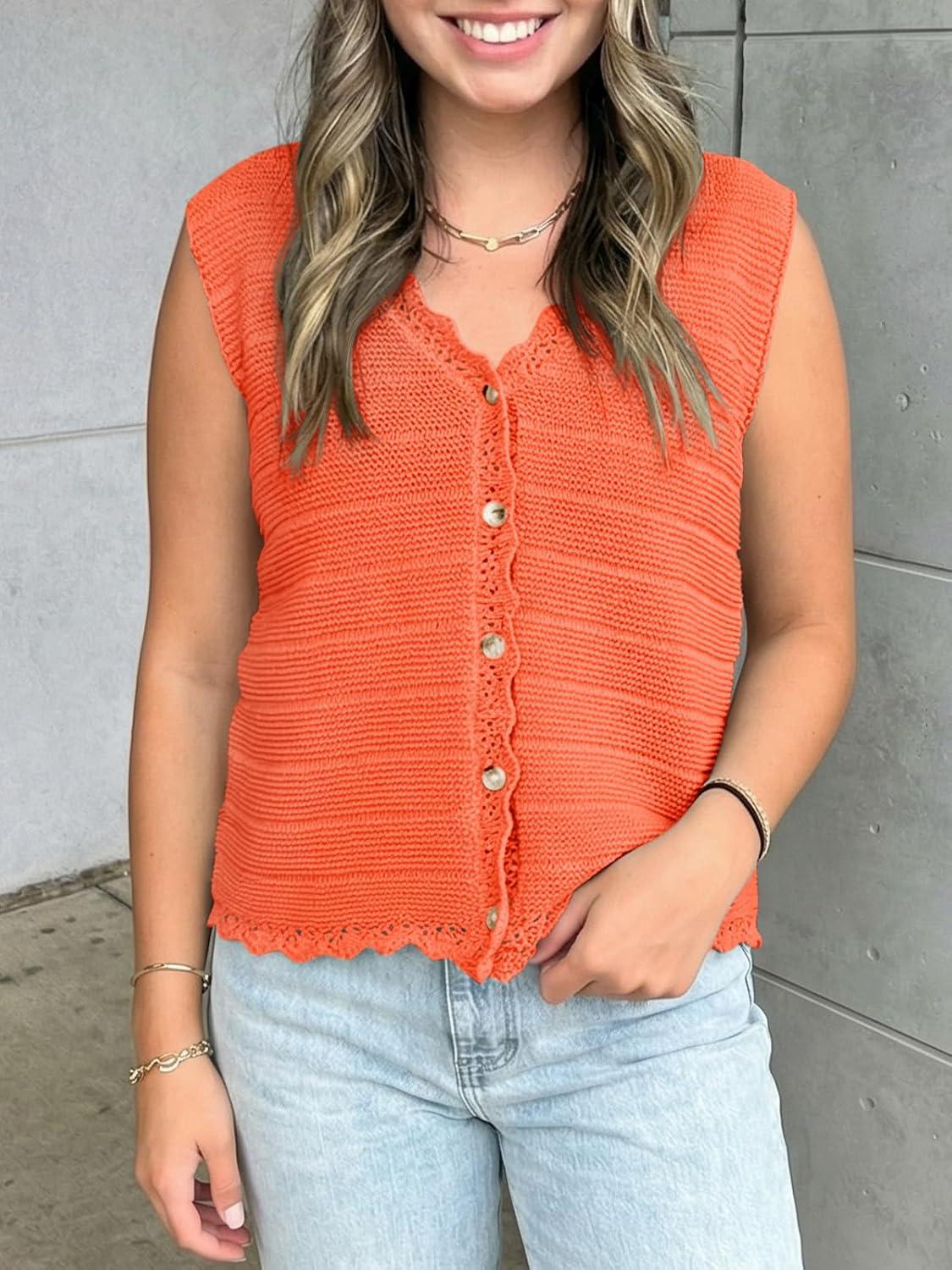 image:imageSaodimallsu Womens Sleeveless Sweater Vest V Neck Button Down Casual Loose Knit Summer Trendy Tank TopsOrange