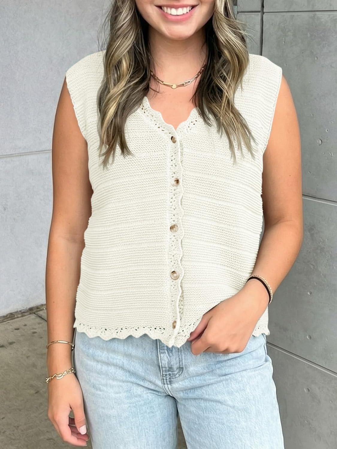 image:imageSaodimallsu Womens Sleeveless Sweater Vest V Neck Button Down Casual Loose Knit Summer Trendy Tank TopsWhite