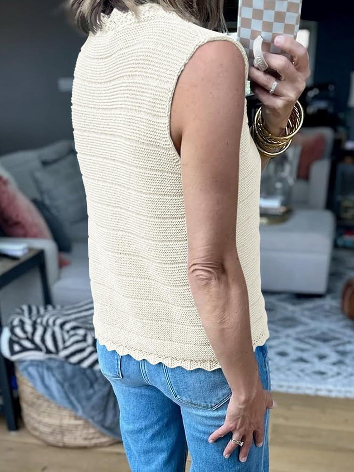image:imageSaodimallsu Womens Sleeveless Sweater Vest V Neck Button Down Casual Loose Knit Summer Trendy Tank TopsWhite