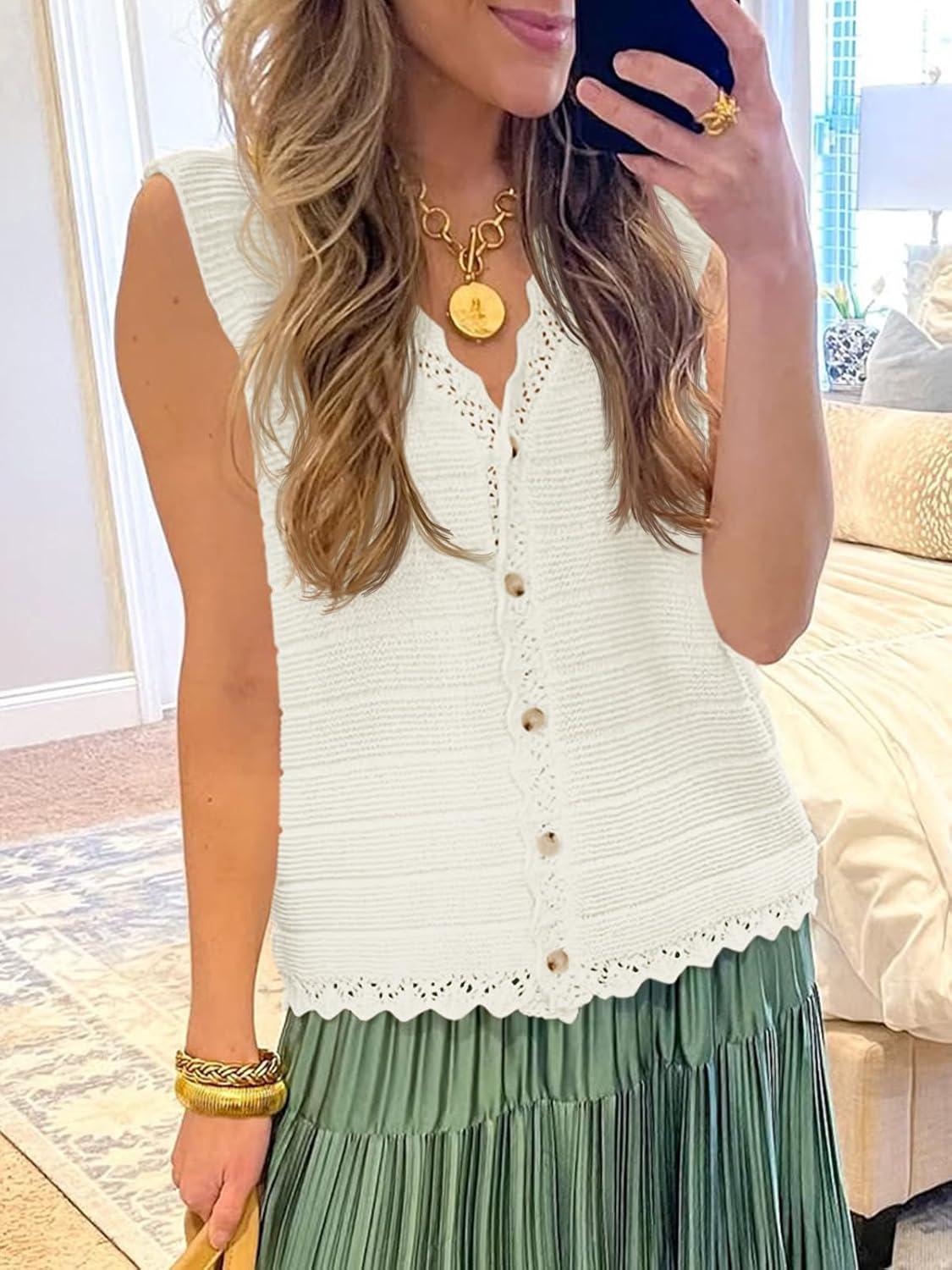 image:imageSaodimallsu Womens Sleeveless Sweater Vest V Neck Button Down Casual Loose Knit Summer Trendy Tank TopsWhite