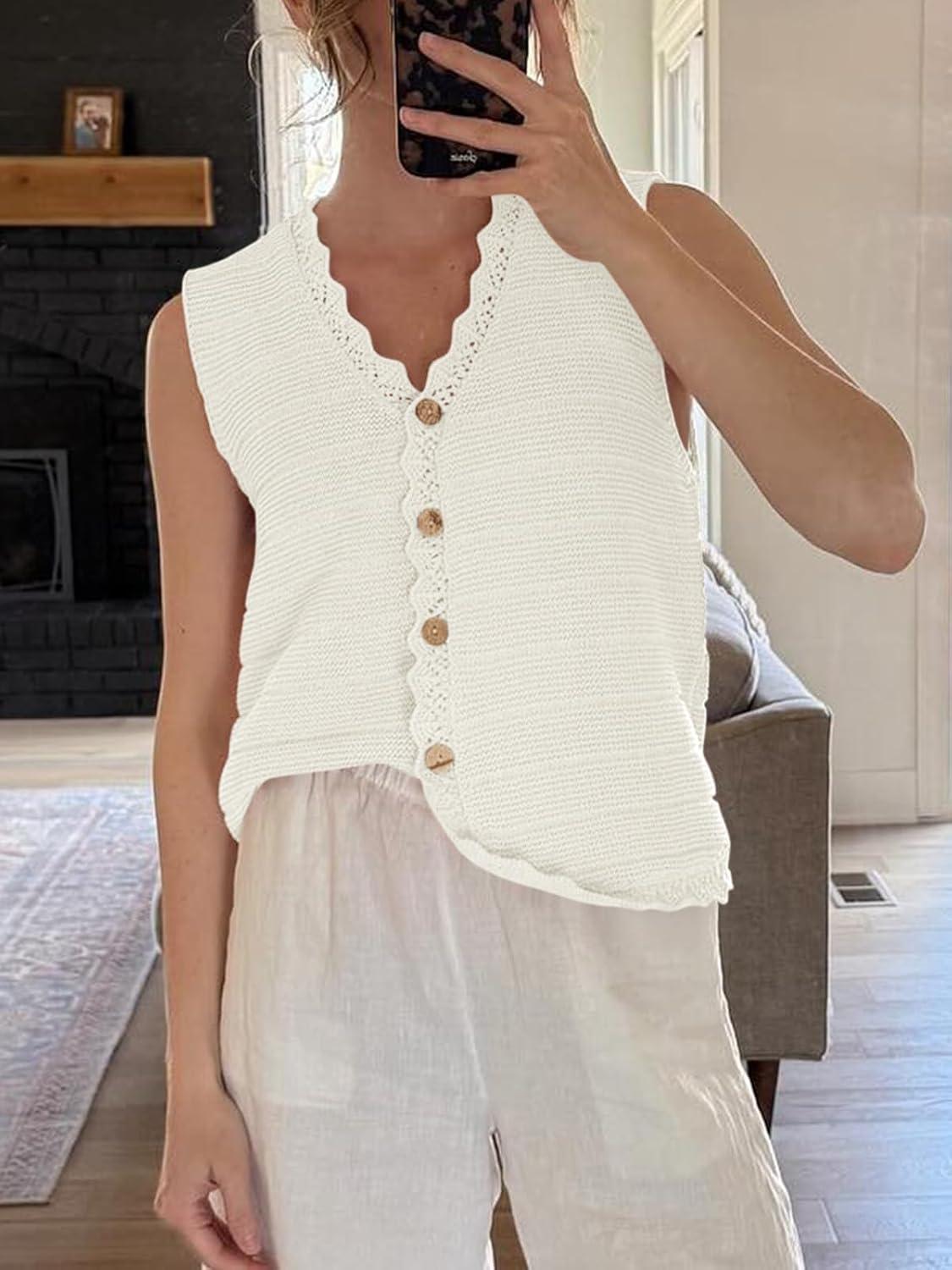image:imageSaodimallsu Womens Sleeveless Sweater Vest V Neck Button Down Casual Loose Knit Summer Trendy Tank TopsWhite