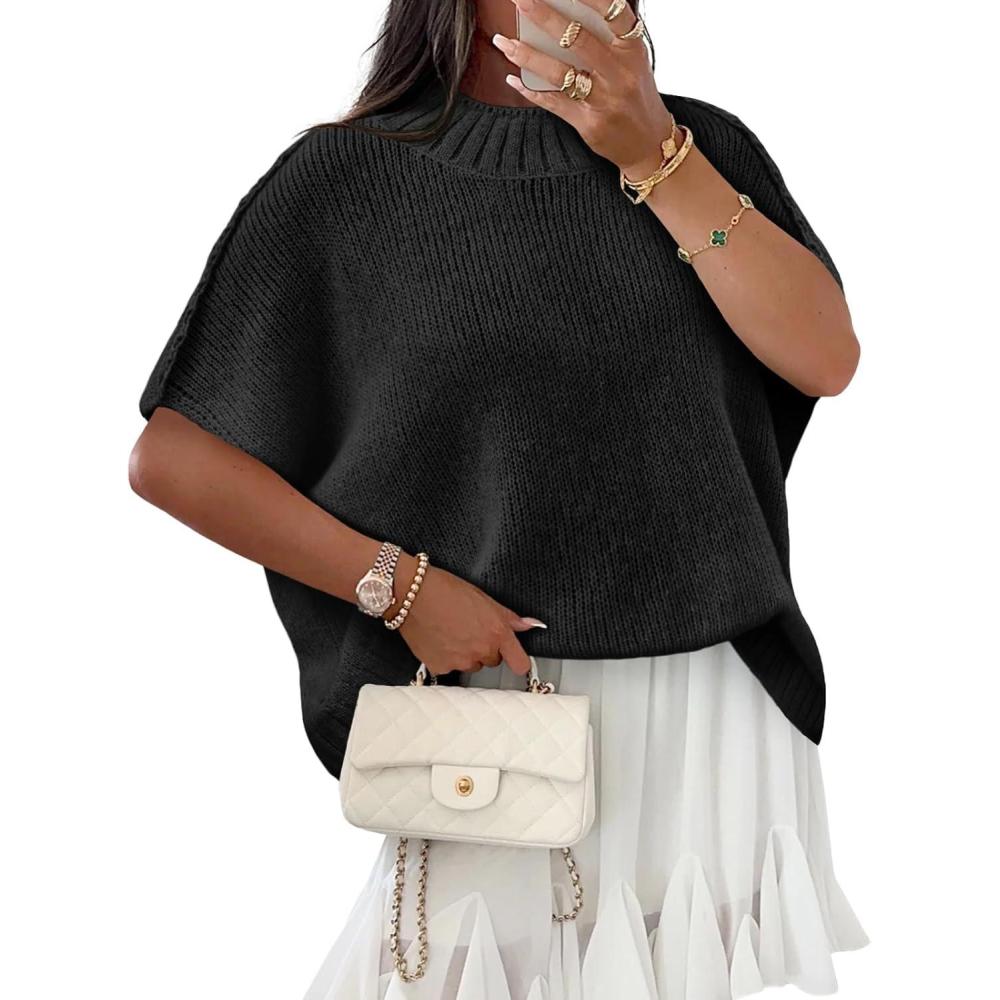 image:imageSaodimallsu Womens Oversized Sweater Tops Summer Lightweight Batwing Half Sleeve Casual Loose Knit Pullover ShirtsBlack