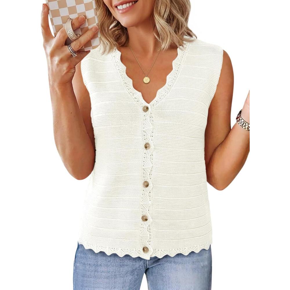 image:imageSaodimallsu Womens Sleeveless Sweater Vest V Neck Button Down Casual Loose Knit Summer Trendy Tank TopsWhite