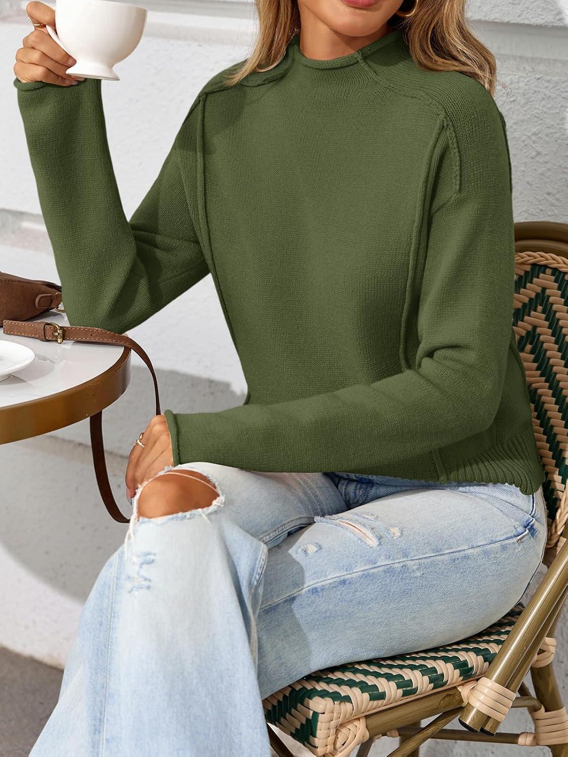image:imageSaodimallsu Womens Cropped Sweaters Long Sleeve Mock Neck Soft Knit Casual Loose Fit Fall Pullover Sweater Tops
