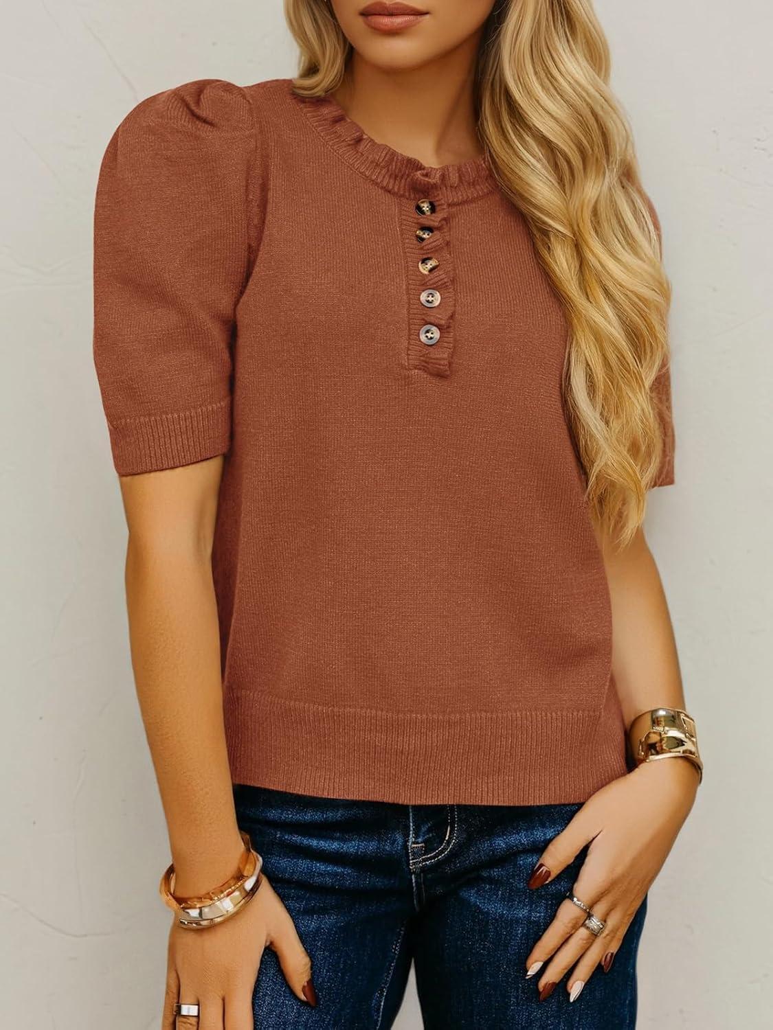 image:imageSaodimallsu Womens Puff Short Sleeve Sweater Tops Ruffle Crew Neck Button Up Casual Loose Knit Pullover SweatersBrick Red
