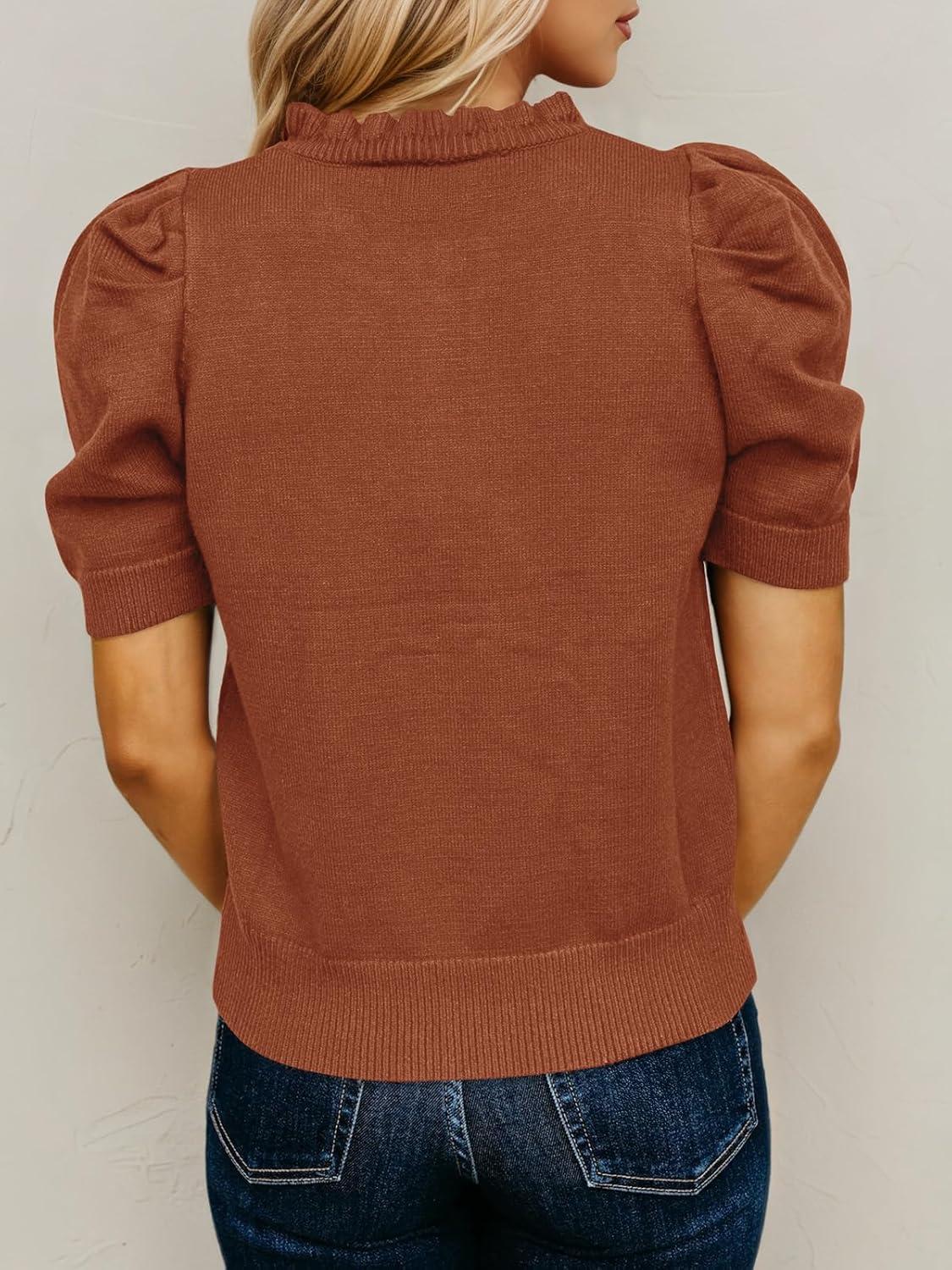 image:imageSaodimallsu Womens Puff Short Sleeve Sweater Tops Ruffle Crew Neck Button Up Casual Loose Knit Pullover SweatersBrick Red