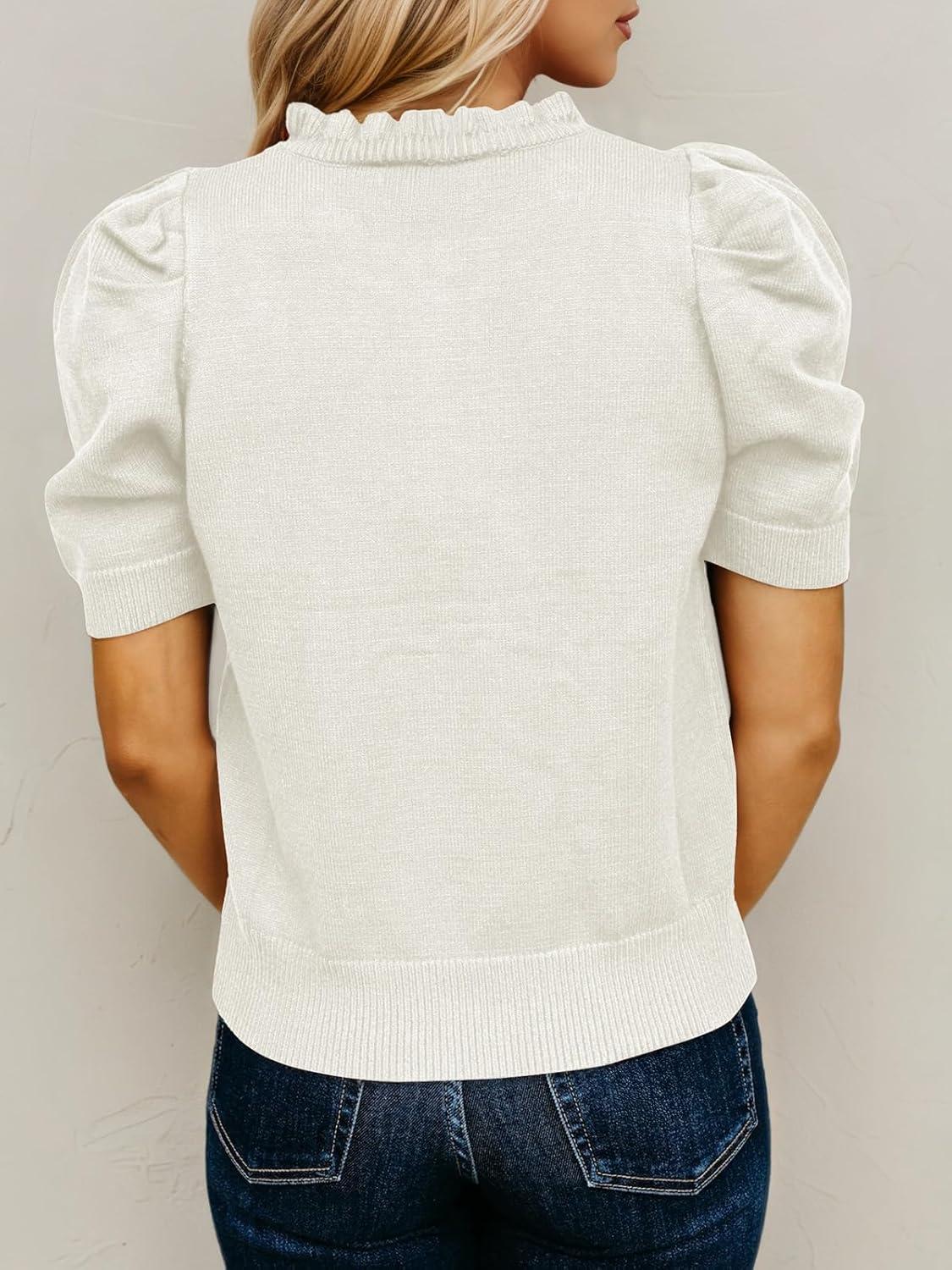 image:imageSaodimallsu Womens Puff Short Sleeve Sweater Tops Ruffle Crew Neck Button Up Casual Loose Knit Pullover SweatersWhite