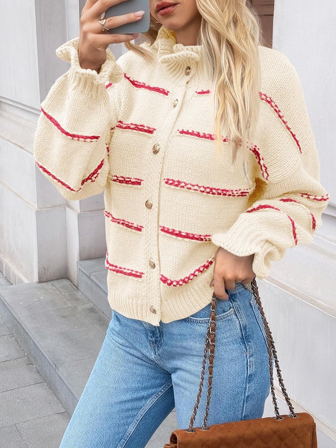 image:imageSaodimallsu Womens Striped Cardigan Sweaters Button Up Ruffle Open Front Chunky Knit Loose Fall Sweater Coats