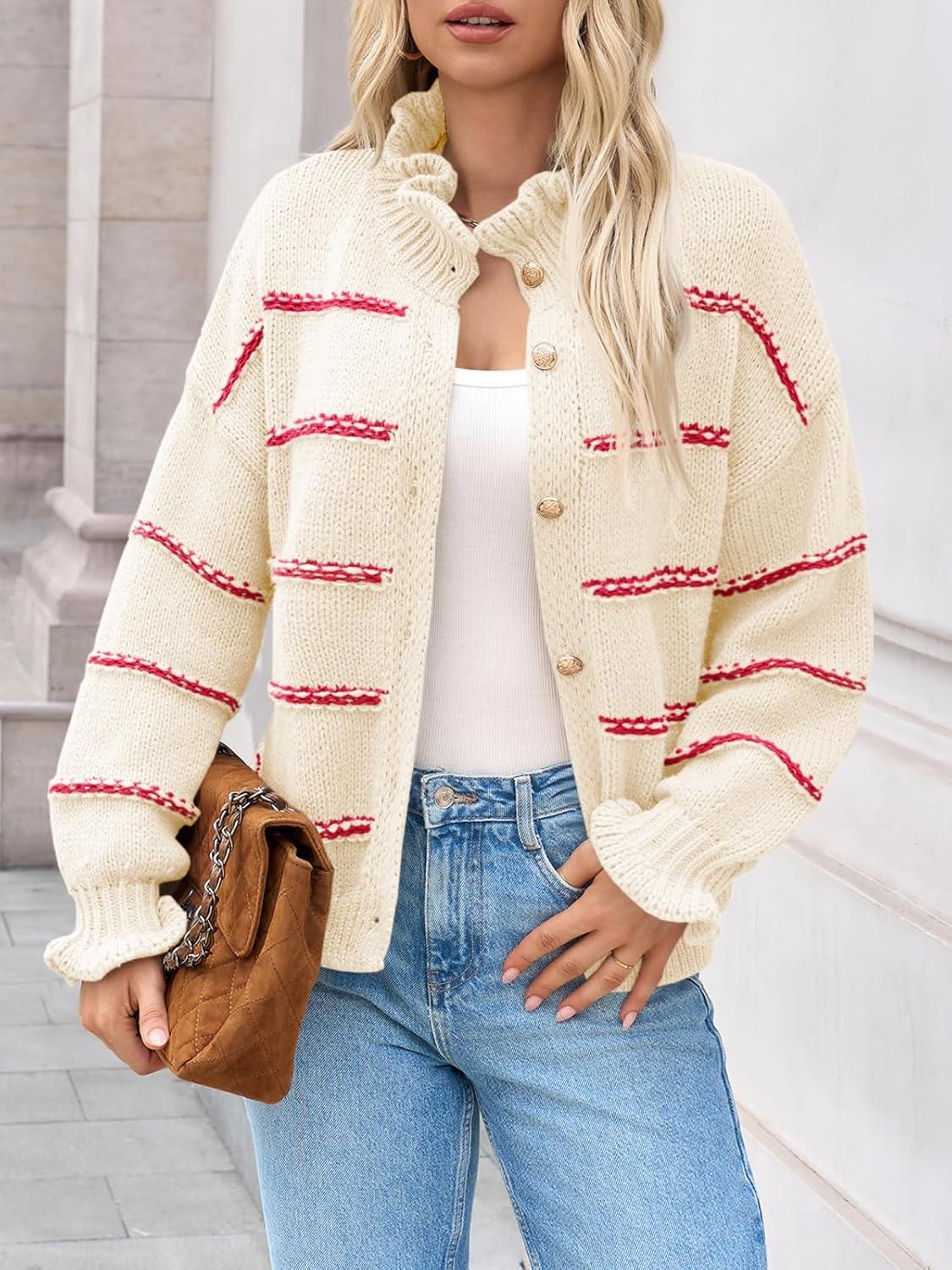 image:imageSaodimallsu Womens Striped Cardigan Sweaters Button Up Ruffle Open Front Chunky Knit Loose Fall Sweater Coats