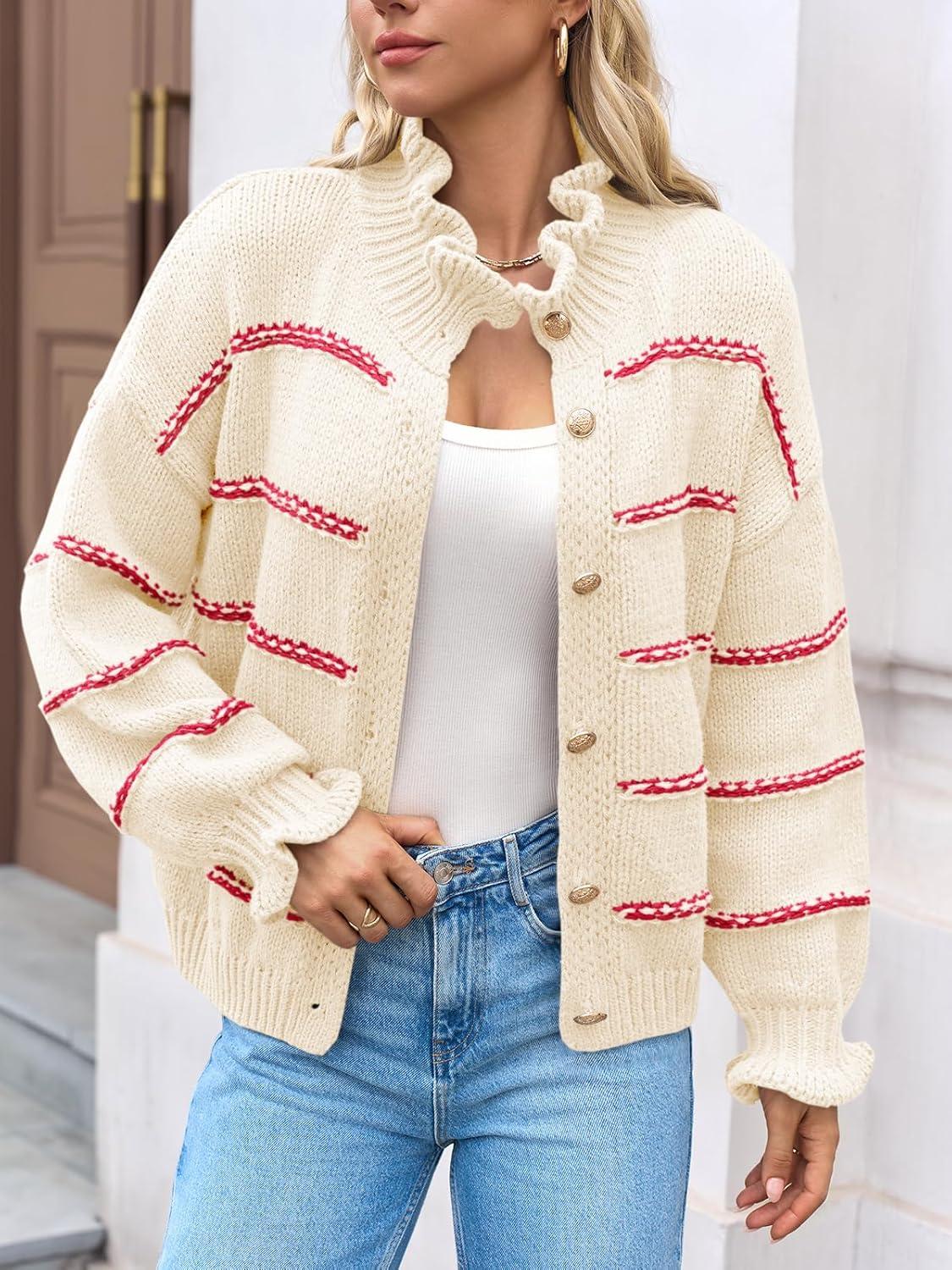 image:imageSaodimallsu Womens Striped Cardigan Sweaters Button Up Ruffle Open Front Chunky Knit Loose Fall Sweater Coats