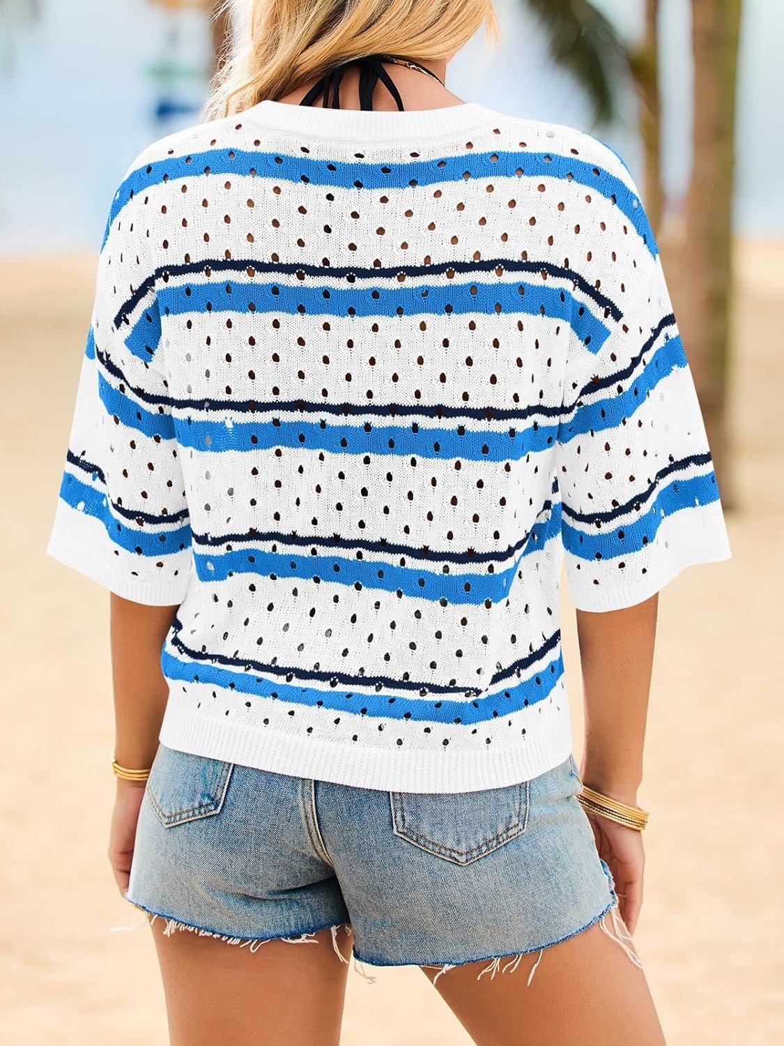 image:imageSaodimallsu Womens Striped Crochet Knit Tops Half Sleeve V Neck TShirts Summer Beach Cover Up Pullover SweatersBlue