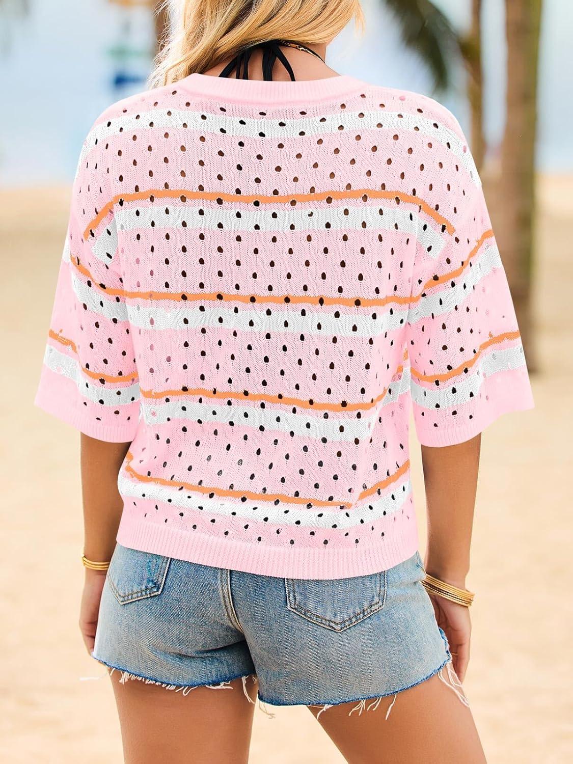 image:imageSaodimallsu Womens Striped Crochet Knit Tops Half Sleeve V Neck TShirts Summer Beach Cover Up Pullover SweatersPink