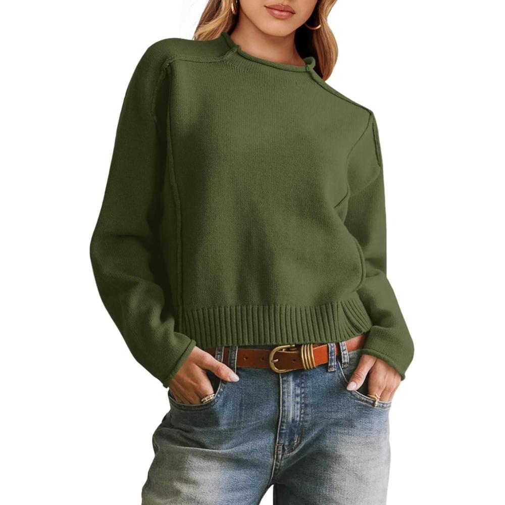 image:imageSaodimallsu Womens Cropped Sweaters Long Sleeve Mock Neck Soft Knit Casual Loose Fit Fall Pullover Sweater Tops