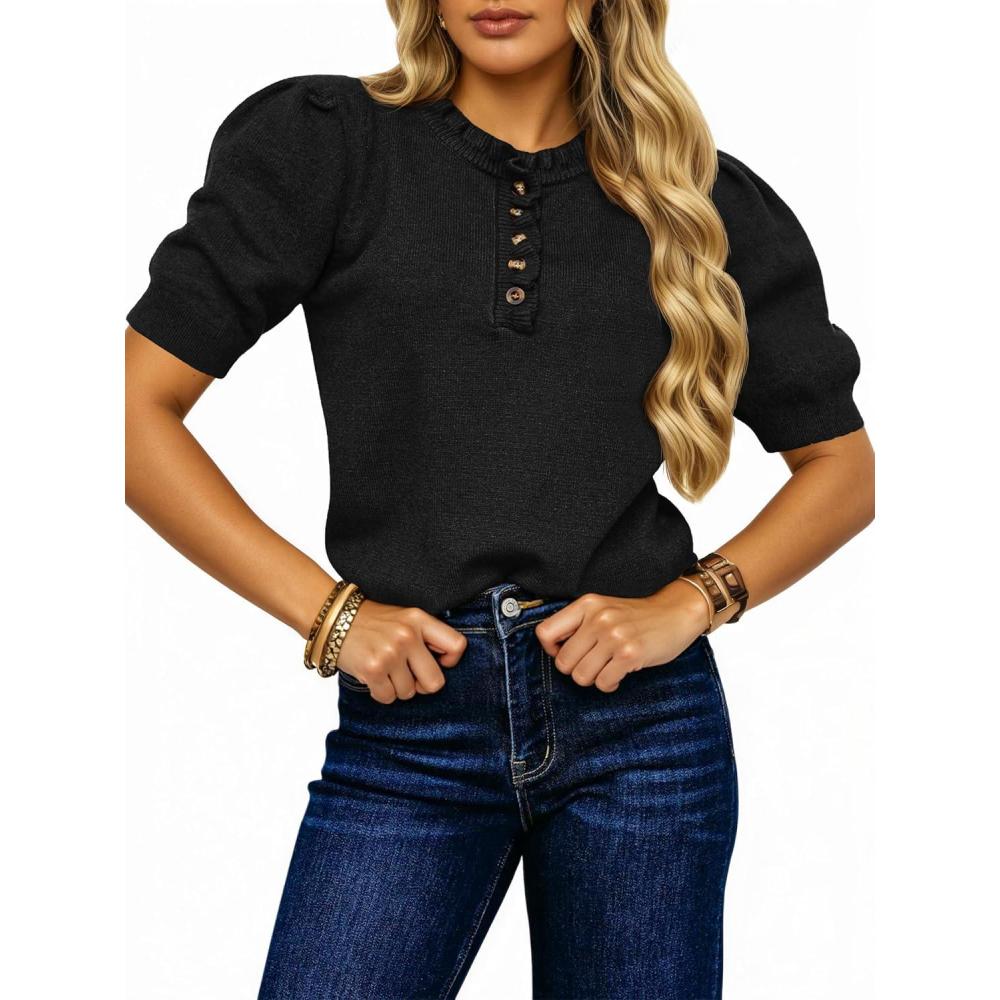 image:imageSaodimallsu Womens Puff Short Sleeve Sweater Tops Ruffle Crew Neck Button Up Casual Loose Knit Pullover SweatersBlack