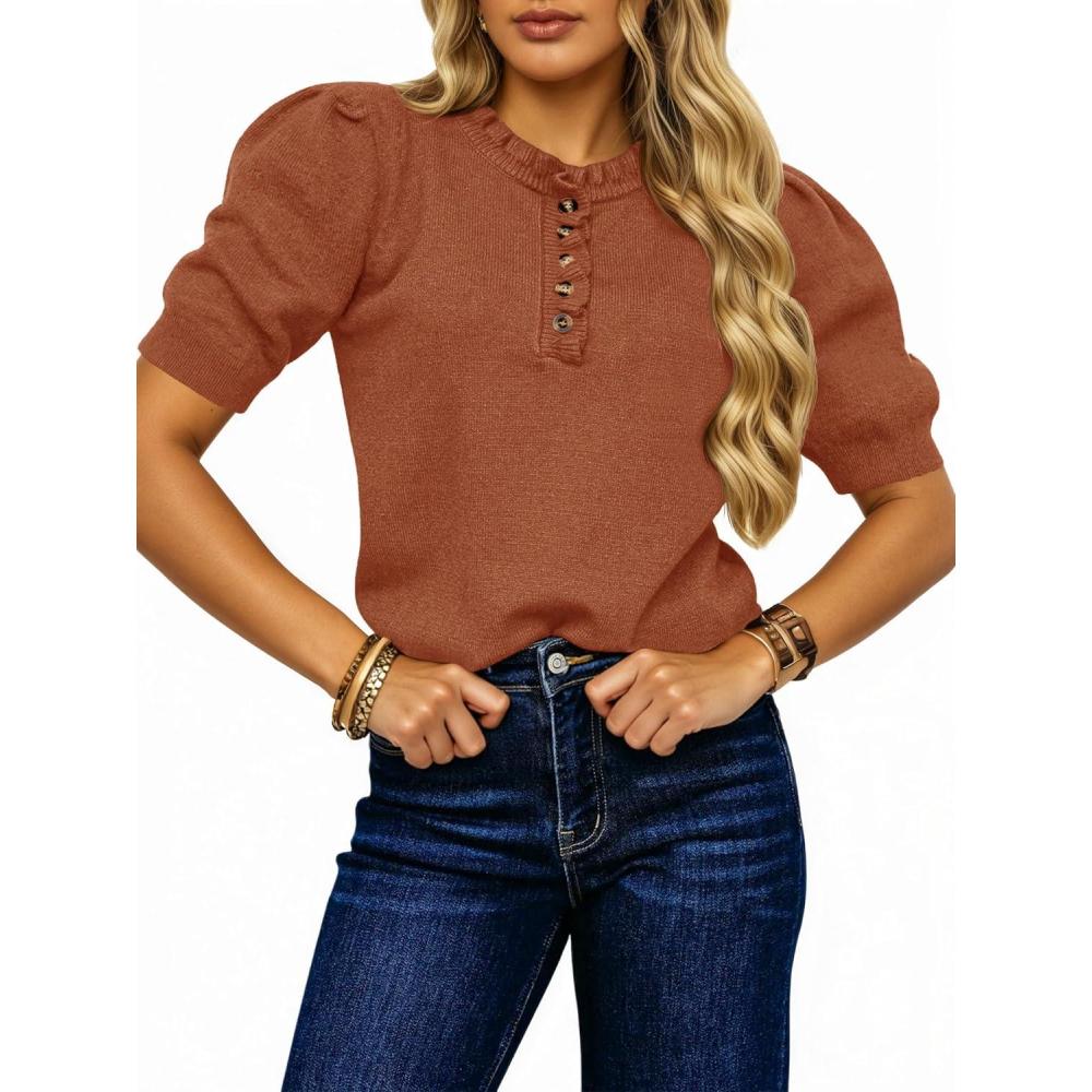 image:imageSaodimallsu Womens Puff Short Sleeve Sweater Tops Ruffle Crew Neck Button Up Casual Loose Knit Pullover SweatersBrick Red