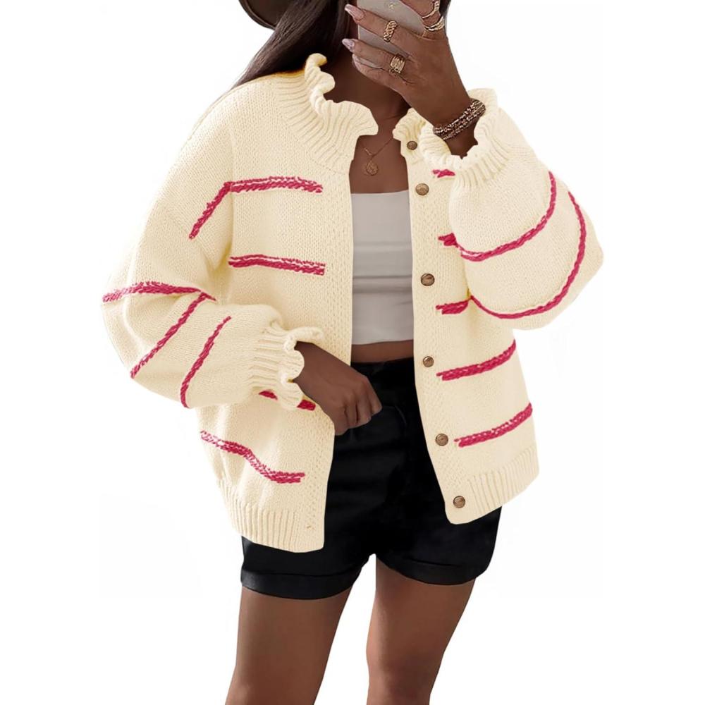 image:imageSaodimallsu Womens Striped Cardigan Sweaters Button Up Ruffle Open Front Chunky Knit Loose Fall Sweater Coats