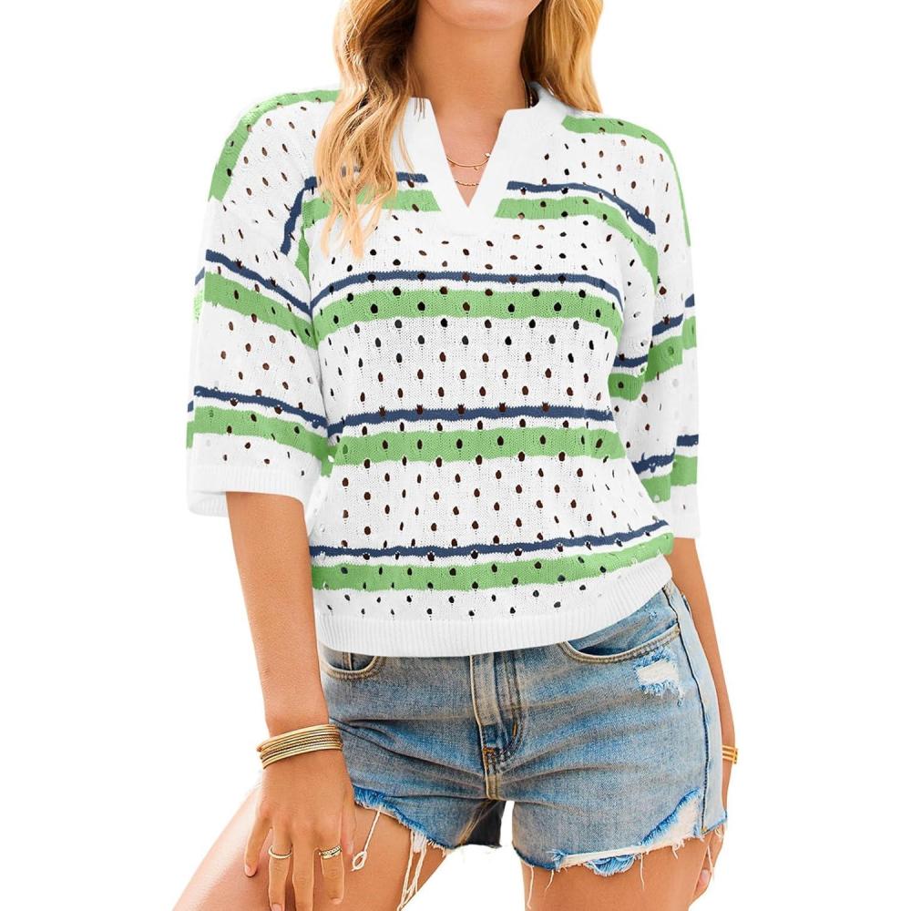 image:imageSaodimallsu Womens Striped Crochet Knit Tops Half Sleeve V Neck TShirts Summer Beach Cover Up Pullover SweatersGreen