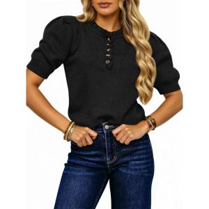 Saodimallsu Womens Puff Short Sleeve Sweater Tops Ruffle Crew Neck Button Up Casual Loose Knit Pullover Sweaters(Black)