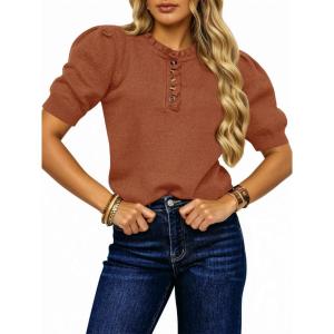 Saodimallsu Womens Puff Short Sleeve Sweater Tops Ruffle Crew Neck Button Up Casual Loose Knit Pullover Sweaters(Brick Red)