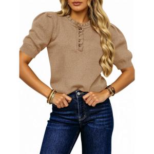 Saodimallsu Womens Puff Short Sleeve Sweater Tops Ruffle Crew Neck Button Up Casual Loose Knit Pullover Sweaters(Khaki)
