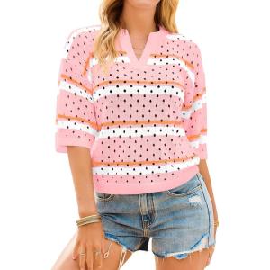 Saodimallsu Womens Striped Crochet Knit Tops Half Sleeve V Neck T-Shirts Summer Beach Cover Up Pullover Sweaters(Pink)